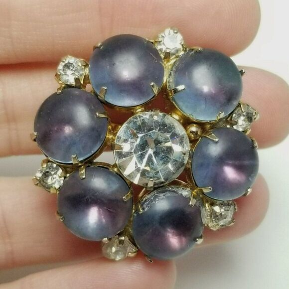 Vintage Purple Blue Cabochon Rhinestone Cluster Brooch, Retro 70s Style Estate - Picture 1 of 6